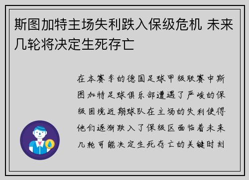 斯图加特主场失利跌入保级危机 未来几轮将决定生死存亡
