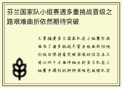芬兰国家队小组赛遇多重挑战晋级之路艰难曲折依然期待突破