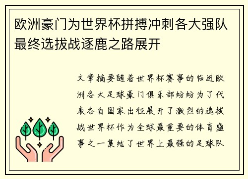 欧洲豪门为世界杯拼搏冲刺各大强队最终选拔战逐鹿之路展开
