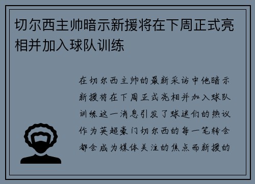 切尔西主帅暗示新援将在下周正式亮相并加入球队训练