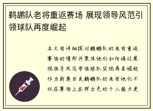 鹈鹕队老将重返赛场 展现领导风范引领球队再度崛起