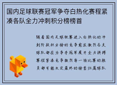 国内足球联赛冠军争夺白热化赛程紧凑各队全力冲刺积分榜榜首