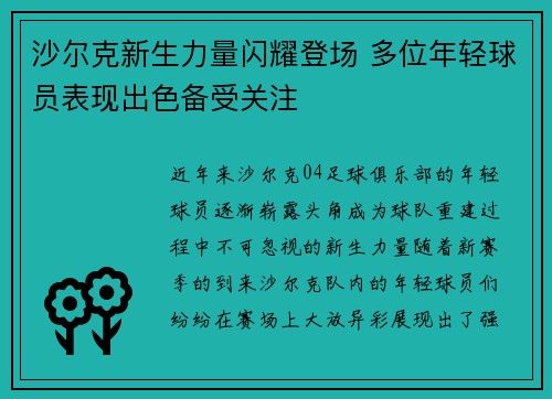 沙尔克新生力量闪耀登场 多位年轻球员表现出色备受关注