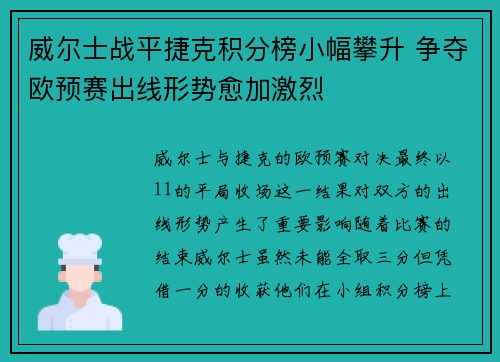 威尔士战平捷克积分榜小幅攀升 争夺欧预赛出线形势愈加激烈